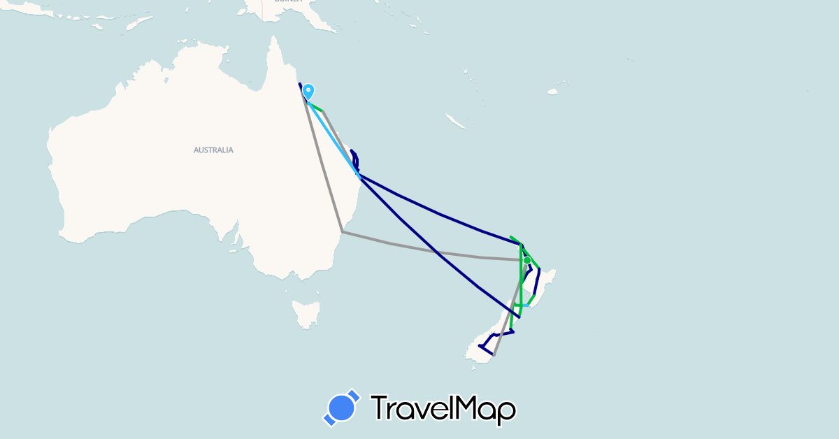 TravelMap itinerary: driving, bus, plane, boat in Australia, New Zealand (Oceania)